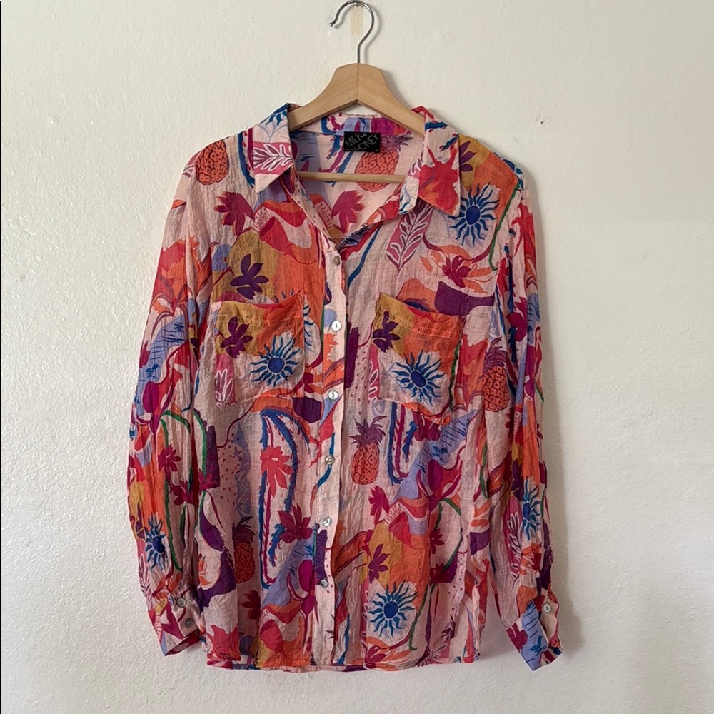 Milk & Honey Colorful Button Up Blouse in Pink Orange Blue Sz L